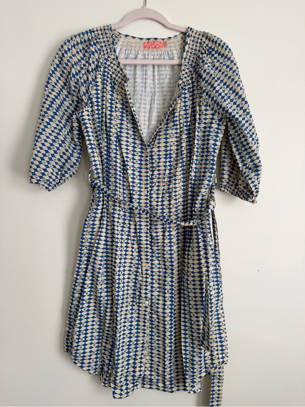 Erin Flett Blue and Cream Geometric Print Women’s Dress